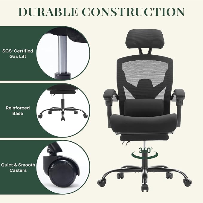 Ergonomic Office Chair with Footrest, High Back Home Desk Chair with Lumbar Support & Headrest, 90-135° Reclining Mesh Back Computer Chair with Wheels for Work, Gaming, Black