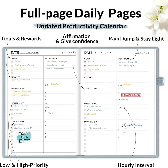 SUNEE Adhd Daily Planner for Adults,3-Month Undated Daily Weekly Monthly Planner for Productivity, Goal Setting, Time Management, Work & Life - for Men & Women,Vision Board + Stickers,Gray Blue