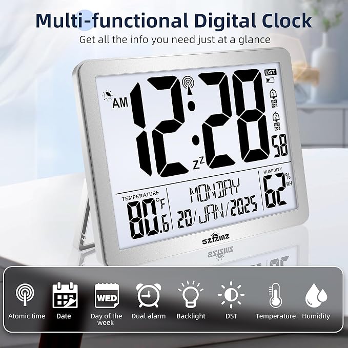 Digital Wall Clock Battery Operated with Backlight, Atomic Alarm Clocks with Indoor Temperature & Humidity for Bedrooms, Office, 8.5" Small Desk Clock with Large Display for Seniors, Auto DST, Sliver