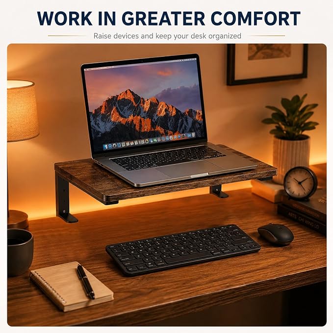 Clamp-On Desk Extender, 15 x 9.5 Inch Monitor Riser | Height options, No-drill setup, 3-in-1 use, 44 lb load, Office station, Gaming area, Brown finish