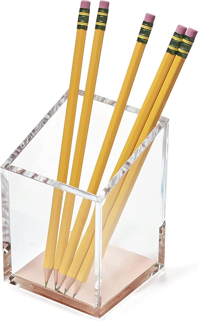 OfficeGoods Acrylic Pen & Pencil Holder - Modern Trapezoid Design - Beautiful Desk Organizer for Home or Office - 3" Square w/ 3.5" Front & 4.5" Back - Clear Rose Gold Metal