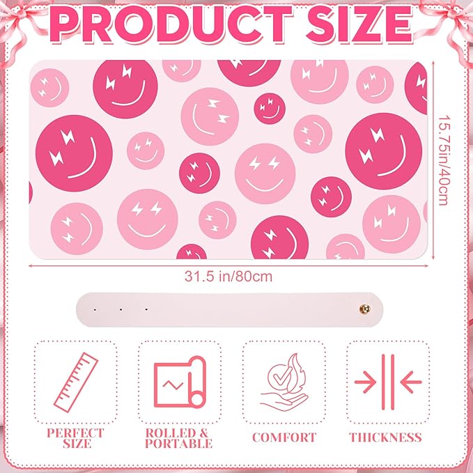 Smile Face Makeup Vanity Mat Leather Desk Pad Protector Cute Pink Mouse Mat Office Desk Dual-Sided Dressing Waterproof Writing Pad for Desktop Office and Home