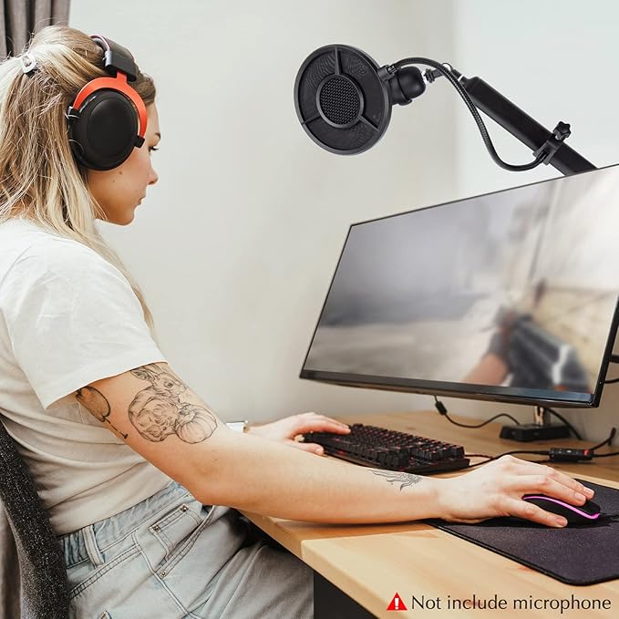 SUNMON Mic Pop Filter for HyperX QuadCast、Blue Yeti and Other Gaming Microphone, Dual Layered Wind Pop Screen with Flexible 360° Gooseneck Clip Stabilizing Arm for Recording, Singing