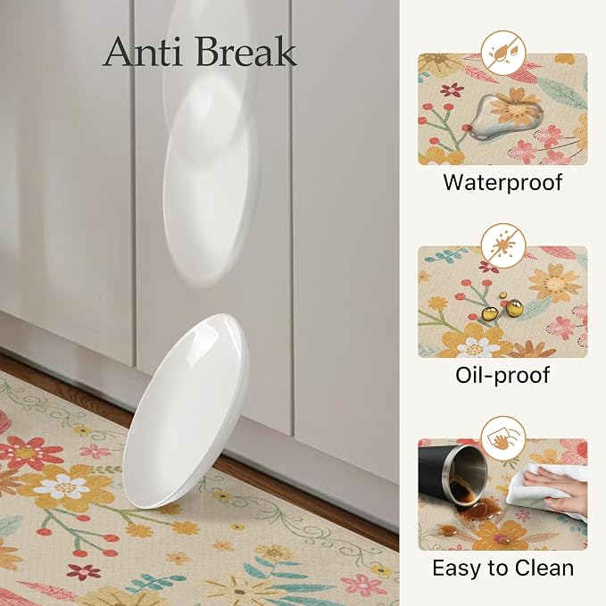 GENIMO Anti Fatigue Kitchen Mats for Floor 2PCS, Cushioned Standing Mats | 17.3"x47"&17.3"x30", Beige vintage floral rug set, waterproof, non slip, easy-clean for farmhouse