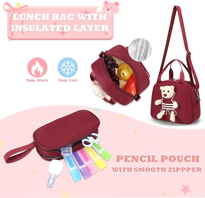 ACESAK School Backpack for Girls - 3 PCS Cute Girls Backpack with Lunch Box & Pencil Case - Kawaii Casual Kids Bookbag School Bag Daypacks Set for Elementary Middle High School Student Teens (Red)