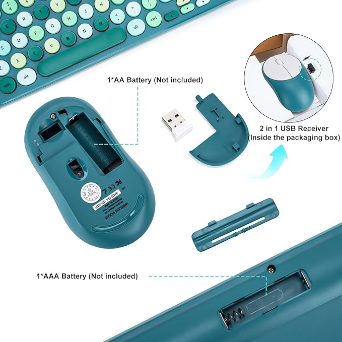 Wireless Keyboard and Mouse Combo, Retro Typewriter Keyboard with Round Keycaps, 2.4GHz USB Cute Wireless Keyboard Mouse for Computer, Desktop (Green)