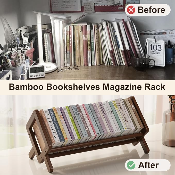 Premium Desktop Bookshelf, Bamboo Desk Bookshelf, Retro Brown Book Rack Shelf Organizer, Stable Bookshelves Storage, Tabletop Large Magazine Holder Racks for Magazines, Books, Files