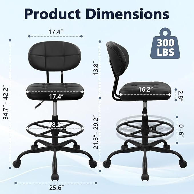 KLASIKA Drafting Stool with Backrest, Tall Adjustable Height Office Chair, PU Leather Swivel Rolling Stool with Footrest & Wheels for Standing Desk, Bar, Salon, Spa, Lab, Counter, Home, Black，2PK
