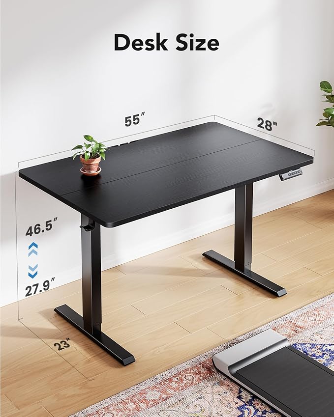 HUANUO 55 x 28 Inch Electric Standing Desk, Height Adjustable Computer Gaming Desk with 4 Memory Presets, Home Office Sit Stand Desk with Hooks & Cable Management, Black