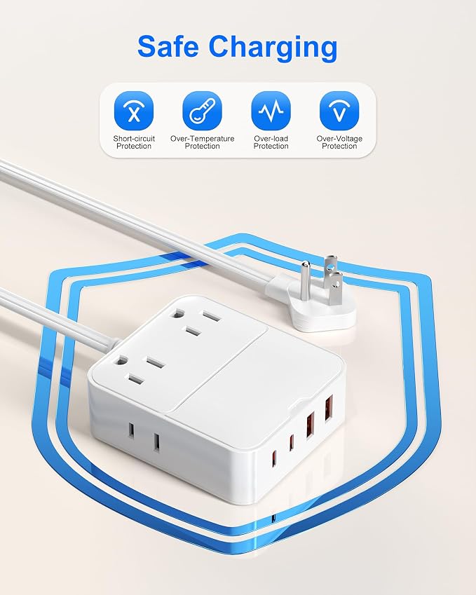 Flat Plug Power Strip with USB Ports - 4 AC & 4 USB Ports (20W), 6Ft Extension Cord with Multiple Outlets, Fast USB Charging Station for Travel Office Dorm Room (White)