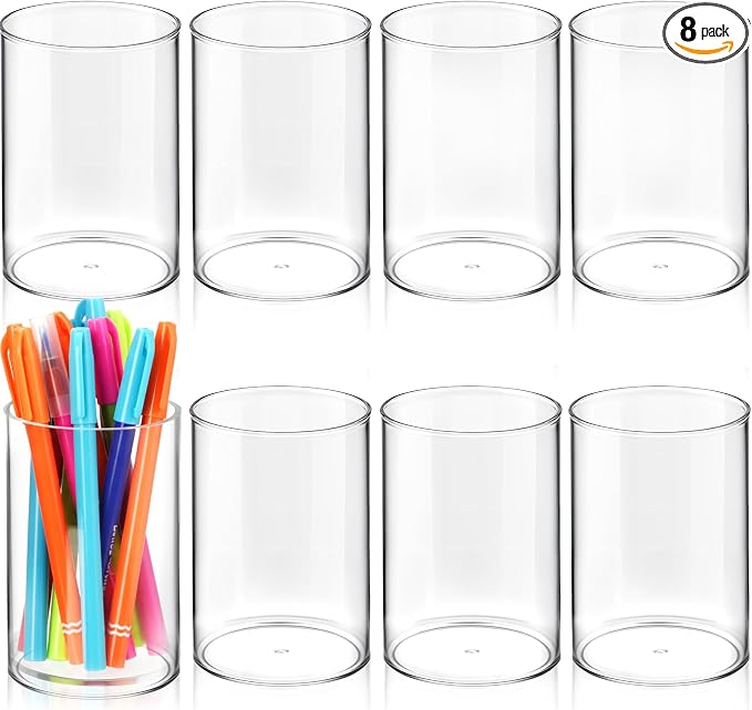 Kifmurase 8 Pack Clear Acrylic Pen Holder, Round Pencil Holder for Desk Pen Cups Makeup Brush Holders Stationery Organizer for Office School Home Desk Accessories