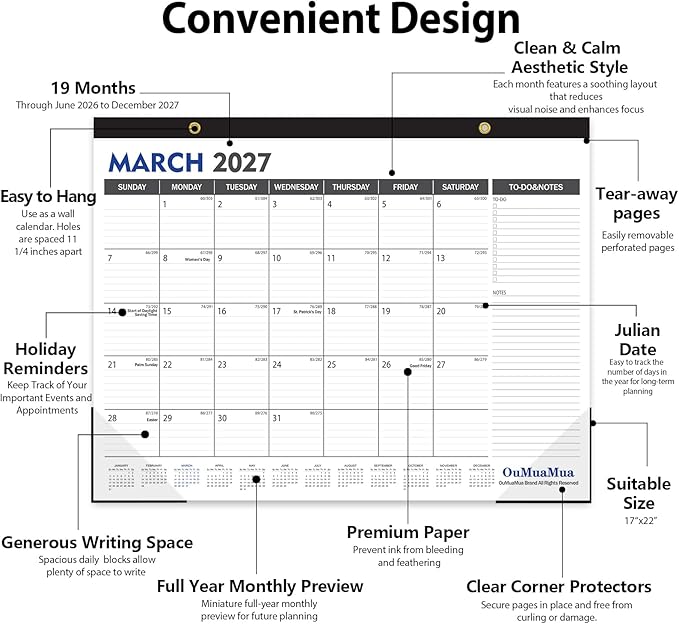 OuMuaMua Large Desk Calendar 2026-2027 - 19 Months from Jun. 2026 through Dec. 2027, 22 x 17 Inches Desktop Wall Calendar with Julian Date To-do & Notes, Corner Protectors for School Home Office