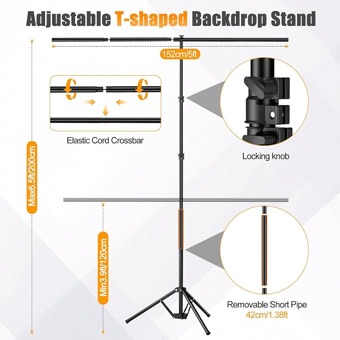 White Backdrop Stand Kit 5x6.5ft with T-Shaped Stand, White Screen Background with Reverse Folding Base Portable Carrying Bag and 5 Clamps for Photography Streaming, Gaming, Video Recording