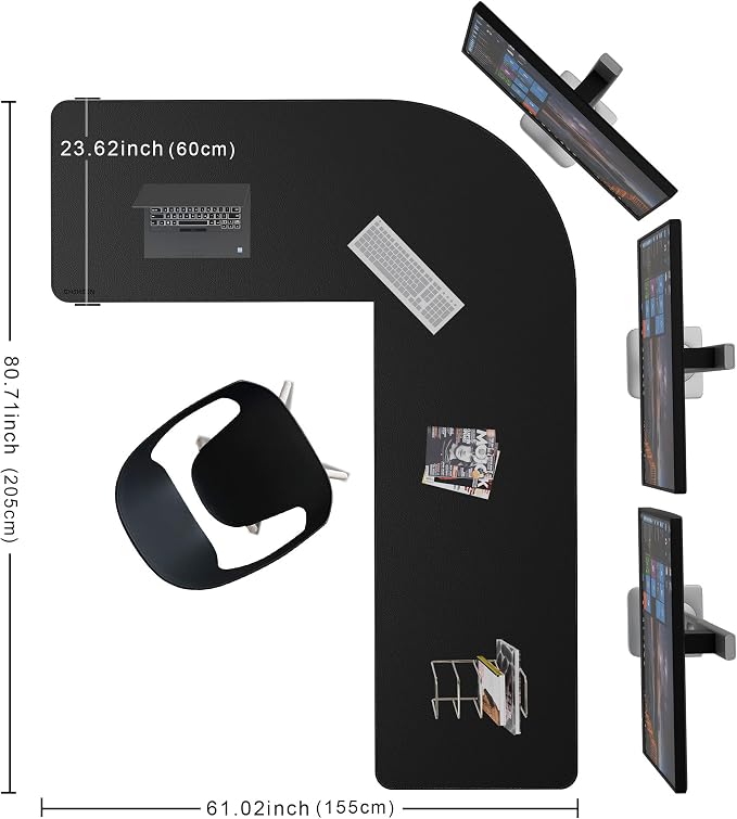 Chihein Leather Desk Mat L Shaped 61” x 80.7” x 23.6” - Big Gaming Corner Desk Pad, Non-Slip Waterproof Surface, Easy to Clean, Perfect for Office, Home (Black)