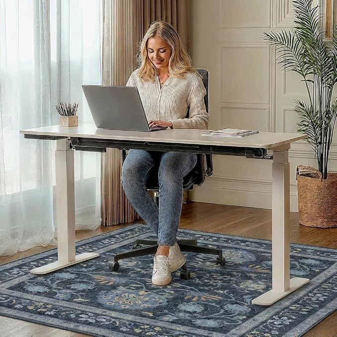 36"x48" Office Chair Mat for Hardwood Tile Floor, Under Desk Carpet Protector for Rolling Computer Chair Mat, Machine Washable Area Rug, Anti-Slip 1/5" Thick Low Pile Thin Vinyl Floor Mat, Grey Blue