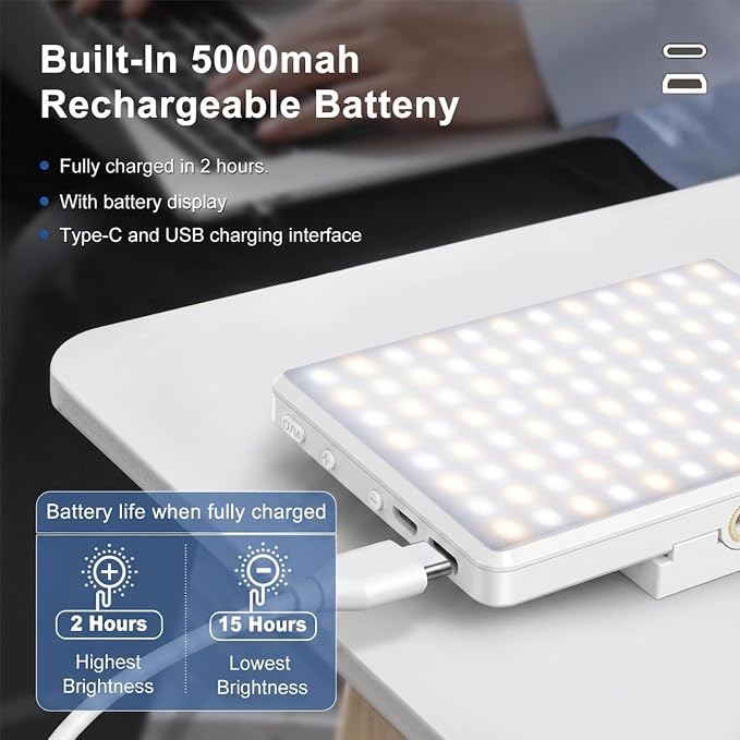 Selfie Light, Phone Light with Front & Back Clip, 60 LED Portable Light with 3 Modes, 5000mAh Rechargeable Video Light for Phone, iPhone, IPad, Laptop, TikTok, Makeup, Lighting Monolights(White)