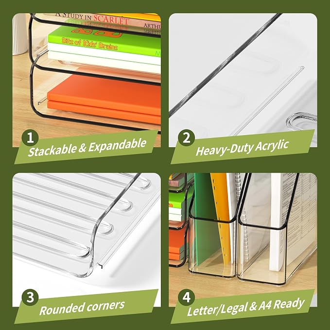 FANXIYQ 4-Tier Acrylic Paper Tray Organizer with Bookends, Paper Organizer | Tool-Free Stackable 1-4 Tier Design with 2 Bookends for Files, Folders and A4 Paper; For School, Home Office and Study Room