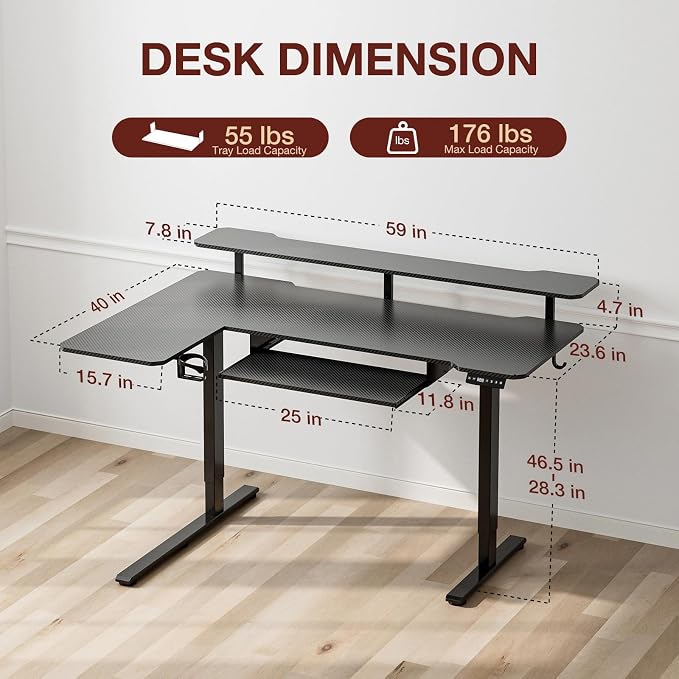 Acrolix 59 Inch L Shaped Standing Desk with Shelves and Keyboard, Electric Corner Standing Desk Adjustable Height, Sit Stand Computer Table with Reversiable Splice Board，Black Carbon