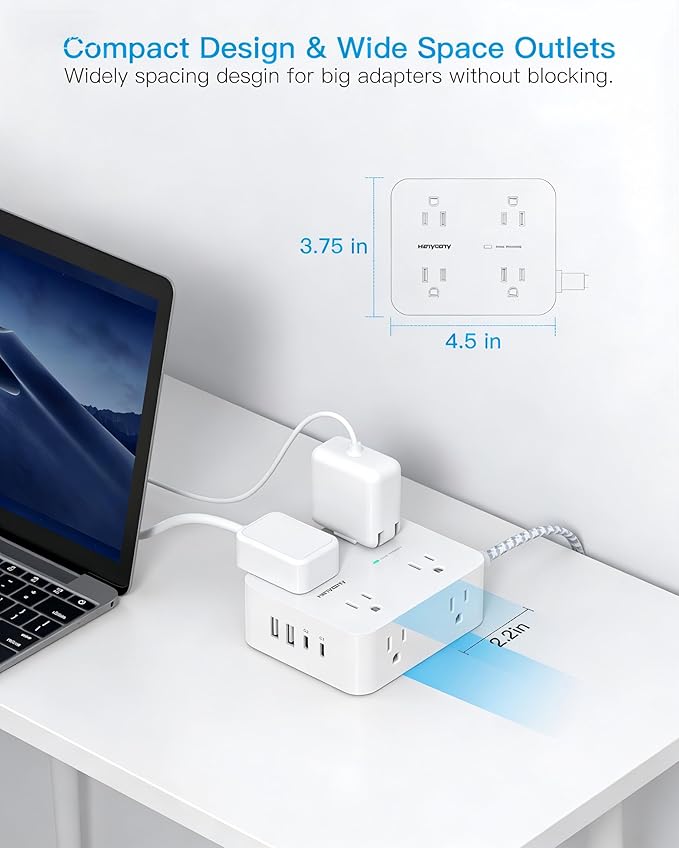 PD 30W USB C Power Strip Surge Protecor, HANYCONY 8 Outlets 4 USB(2 USB C Ports), 1080J Desk Charging Station for Multiple Devices, 15 Ft Flat Plug Extension Cord for College Dorm Room Essentials