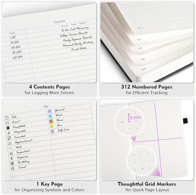 Bullet Dotted Journal Notebook, 312 Numbered Pages A5 Hardcover Leather Journal, 100gsm No Bleed Paper Dot Grid Notebook with Index Pages, Dot Journal for Women Men, 5.75" x 8.38", Grey Blue