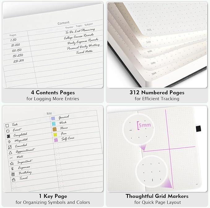 Dotted Journal Notebook, 312 Numbered Pages Large B5 Hardcover Leather Notebook, 100gsm No Bleed Paper Dot Grid Notebook with Index Pages, Dot Journal for Women Men, 7.6'' X 10'', Pink