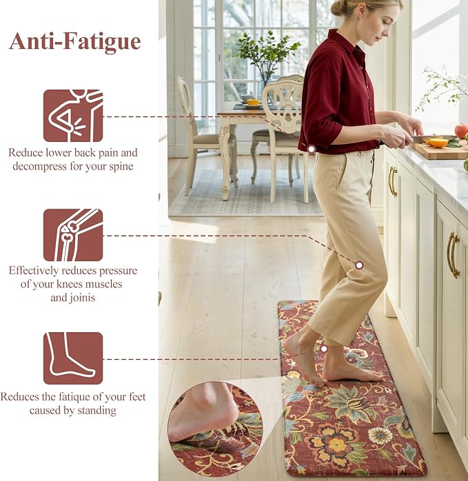 LEEVAN Anti Fatigue Kitchen Mats for Floor, Cushioned Kitchen Mat Set 2PCS | 17.3"x29"+17.3"x47", Boho Floral Coral Red Kitchen Rugs Non-Slip, Waterproof Ergonomic Standing Mat for Laundry, Office, Sink