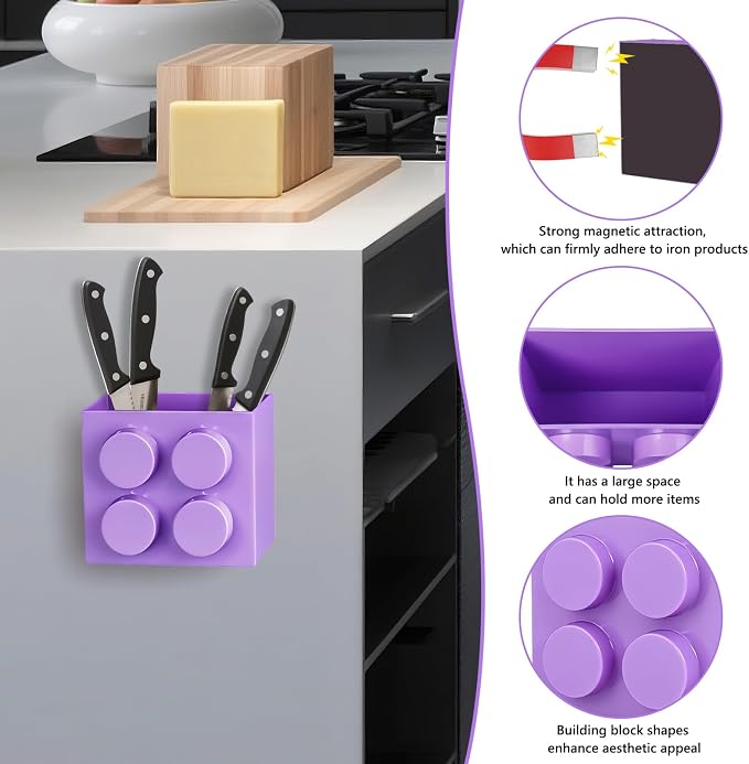 Magnetic Basket Organizer for Fridge - Lego-Style ABS Plastic Storage Box,No Drill Design for Kitchen Counter, Microwave & Whiteboard, Holds Up to 3.5 lbs (Light Purple)