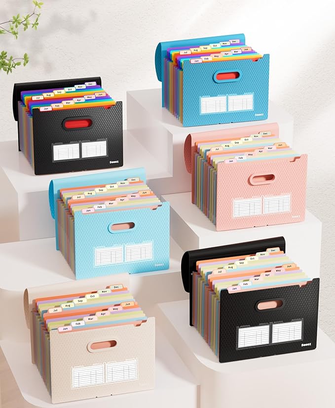 Sooez Upgraded Accordion File Organizer, Expanding File Folder with Deeper 12 Pockets - Never Cover Up Index Tabs, Monthly Bill Paper Receipt Document Organizer, Letter A4 Size for Home Office School