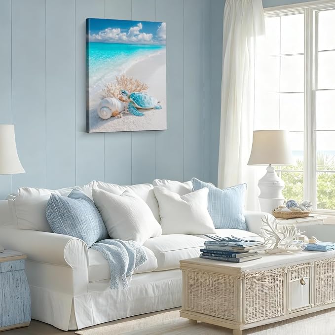 Coastal Beach Wall Art, Ocean Sea Turtle Seashell Coral Wall Decor, Turquoise Water Sand Seascape Painting, Beach Coastal Print for Bathroom Bedroom Living Room 8x10 Canvas Framed