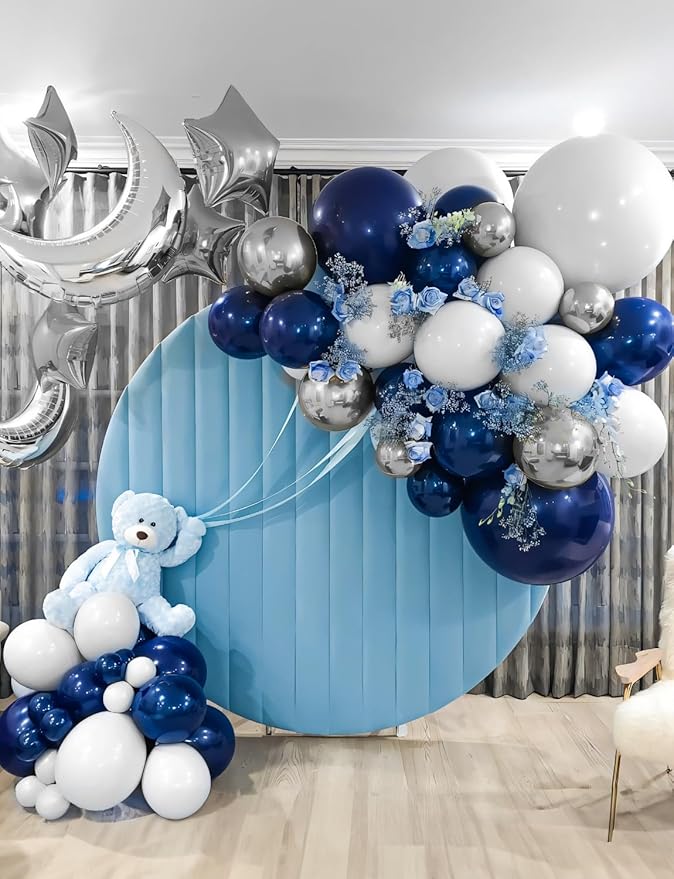 Navy Blue and Silver Balloons Garland Arch Kit, 134 Pcs Father's Day Balloons, White Navy Blue and Silver Balloons with Confetti Latex Balloons for Father Day, Birthday Grad Baby Shower Wedding Decor