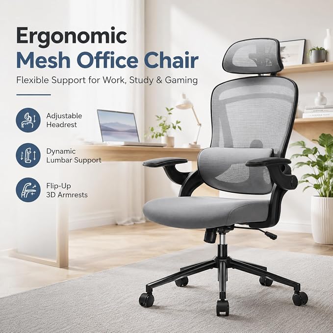 Ergonomic Office Chair, Home Office Desk Chairs with Adjustable Lumbar Support and Headrest, High Back Mesh Computer Desk Chair with 3D Flip-up Armrests & 360° Swivel Wheels, 275 LBS