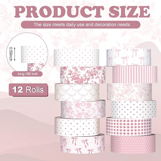 12 Rolls Watercolor Floral Washi Tape Set 15 mm Vintage Flower Decorative Masking Tape for Summer School Arts DIY Craft Scrapbook Journal Supplies Gifts(Pink,Bows and Polka Dots)