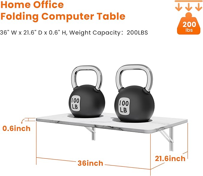 IAE Wall Mounted Floating Foldable Desk, 36" x 22" Folding Computer Workstation Table with Engineered Wood and Metal Shelf Brackets,Fold&Floating Design for Home Office, Apartment,Laundry Room, White