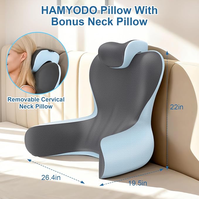 Reading Pillow for Sitting in Bed,22" H Back Support Pillow for Sitting up,Back Rest & Lumbar Support Pillows with Arms, Bed Rest Chair Cushion,Chaise Lounges Reclining,Gaming,Work,Resting(Grey&Blue)