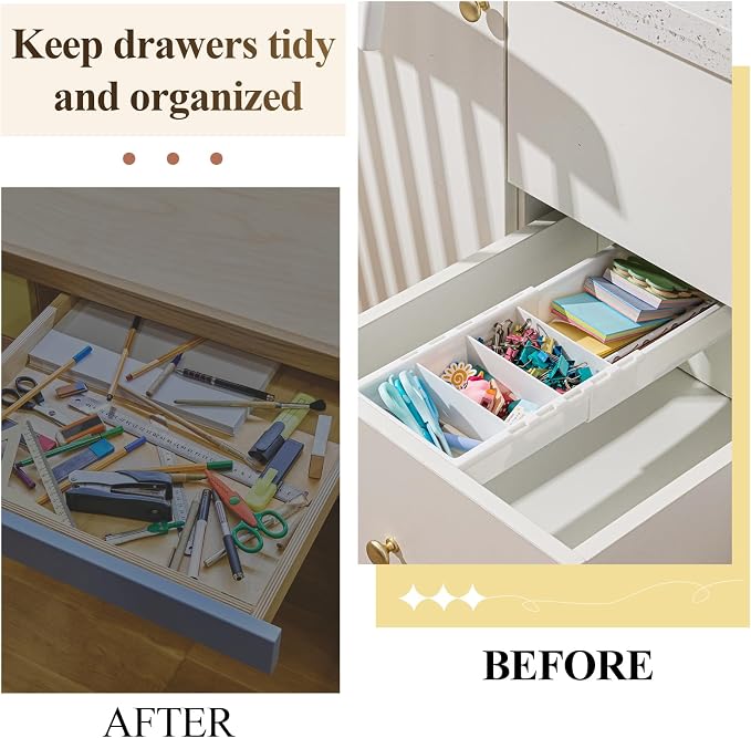4 Pcs Expandable Drawer Organizer Bins Adjustable Deep Drawer Hanging Organizer Tray Expandable 11.4 to 18.1 Inches Plastic Dividers Storage for Office Bathroom Bedroom Kitchen Desk, White