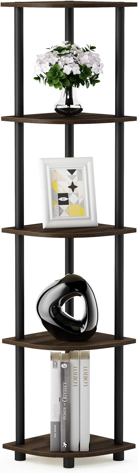 Furinno TURN-N-TUBE Corner Shelf Set of 2, 5-Tier Corner Bookshelf, Open Storage Shelves, for Organization and Storage, Living Room, Home Office, Garage, Columbia Walnut