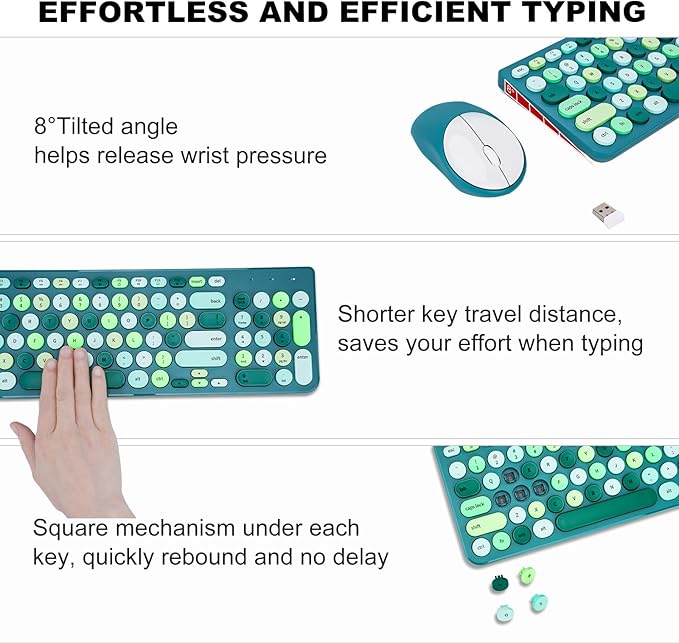 Wireless Keyboard and Mouse Combo, Retro Typewriter Keyboard with Round Keycaps, 2.4GHz USB Cute Wireless Keyboard Mouse for Computer, Desktop (Green)