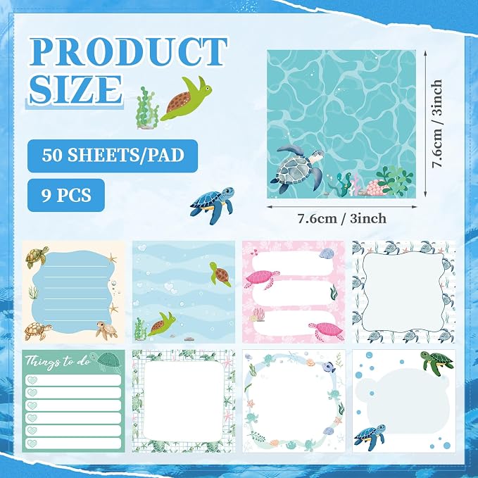 9 Pads Cute Sticky Notes Cartoon Self Stick Notepads 3x3 Inches Notes Adhesive Memo Pad Office Decor Gifts for Students School Teacher Office Meeting(Turtle)