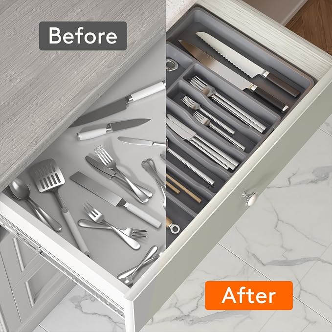 Lifewit Silverware Drawer Organizer, Expandable Utensil Tray for Kitchen, BPA Free Flatware and Cutlery Holder, Adjustable Plastic Storage for Spoons Forks Knives, 13-22 x 15", Dark Gray