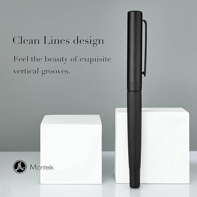 Matte Black Rollerball Pen, Distinctive Vertical Grooving Design, Luxury Pen with Schmidt Black Refill, Prefect Pen Gift Set for Men & Women, Business Signature, Refillable, Office, Nice Pens
