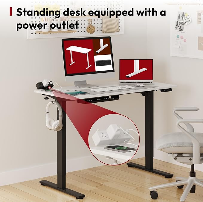 SANODESK Electric Standing Desk with Desk Clamp Power Strip 48"x 30" Whole-Piece Desktop Height Adjustable Stand Up Desk with Cable Management Sit Stand Home Office Desk Black Frame/White Top