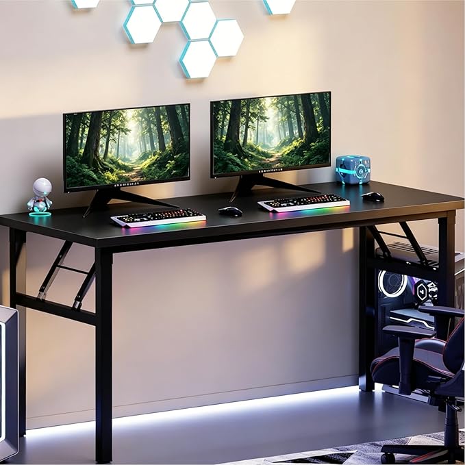 sogesfurniture 62 inches Foldable Computer Desk, No Assembly Sturdy Large Laptop Workstation for Home Office, Modern Portable Folding Study Table Writing Gaming Desk for Small Spaces, Black