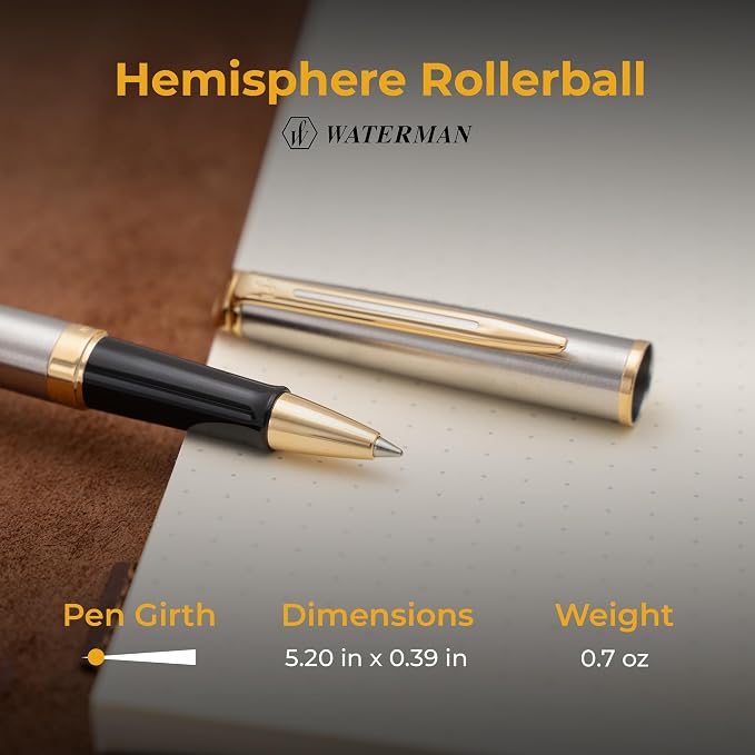 Waterman Hemisphere Engraved Rollerball Pen, Brushed Stainless with 23K Gold Trim, Fine Point, Tone-on-Tone Engraving, Personalized Gift for Executives, Retirement, Board Members, Career Advancement