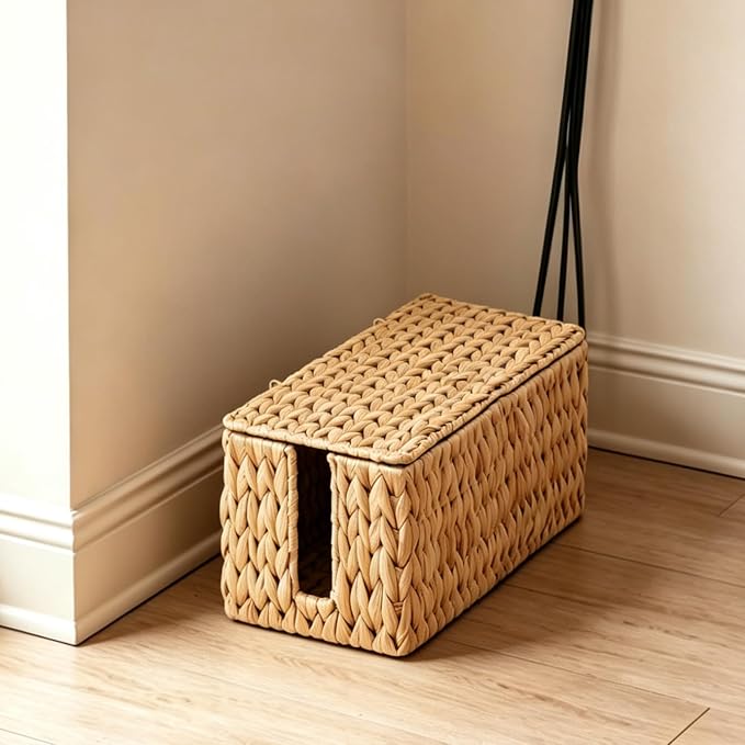 Cable Management Box, Small Cord Organizer Box for Power Strip | Handwoven Water Hyacinth Storage Basket with Metal Frame, Decorative Cable Organizer for Desk, Office, Living Room & Bedroom