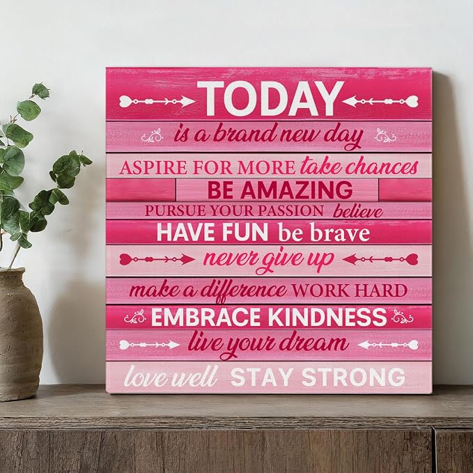 Pink Wall Decor, Inspirational Office Wall Art for Women, Motivational Quotes Room Decor For Teen Girls, Pink Framed Canvas Posters for Bedroom Kitchen Home Decorations, 8 x 8 Inches