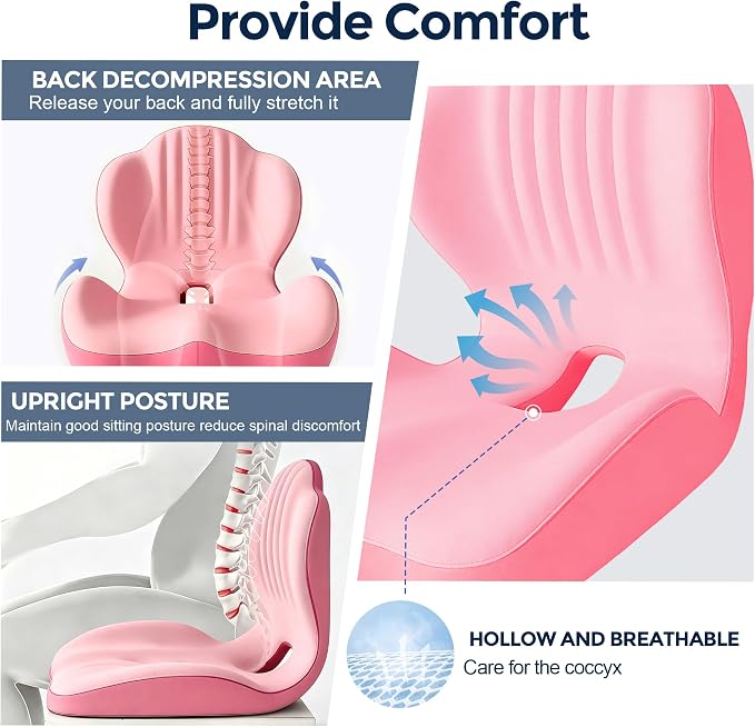 Seat Cushion for Office Chair and Car, L-Shaped Ergonomic Seat Cushions,Memory Foam Orthopedic Cushion with Coccyx Hollow,Lumbar Support & Tailbone Pain Relief for Car, Truck, Home,Gaming Chair,Pink