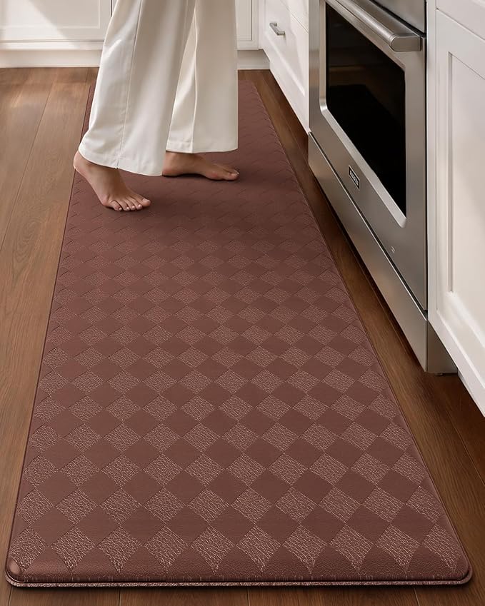 Color&Geometry Checkered Narrow Kitchen Floor Mat Anti Fatigue 17x71, Brown | Waterproof & Oil Proof, Easy Clean PVC Kitchen Rug For Busy Family, 0.4in Thick Cushion For Long Standing, Non Slip