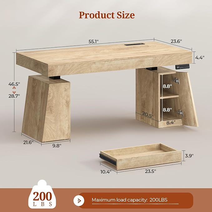UPOSOJA 55 in Executive Standing Desk, Modern Electric Height Adjustable Desk with Drawer, Storage Cabinet, Shelves, Power Outlet, Wood Sit Stand up Computer Desks for Home Office, Natural Oak