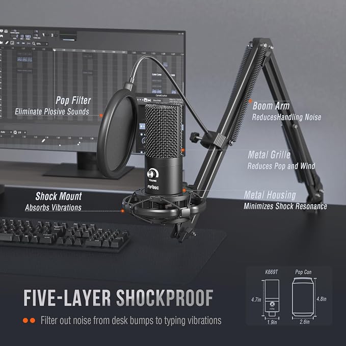 FIFINE Studio Condenser USB Microphone Computer PC Microphone Kit with Adjustable Boom Arm Stand Shock Mount for Instruments Voice Overs Recording Podcasting YouTube Vocal Gaming Streaming-T669