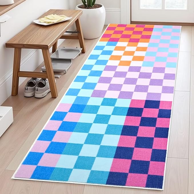 Terrug Multicolored Checkered Area Rug for Kitchen,2x6 Runner Rugs Washable with Non Slip for Bedroom,Soft Low Pile Stain Resistance Retro Carpet for Entryway Hallway